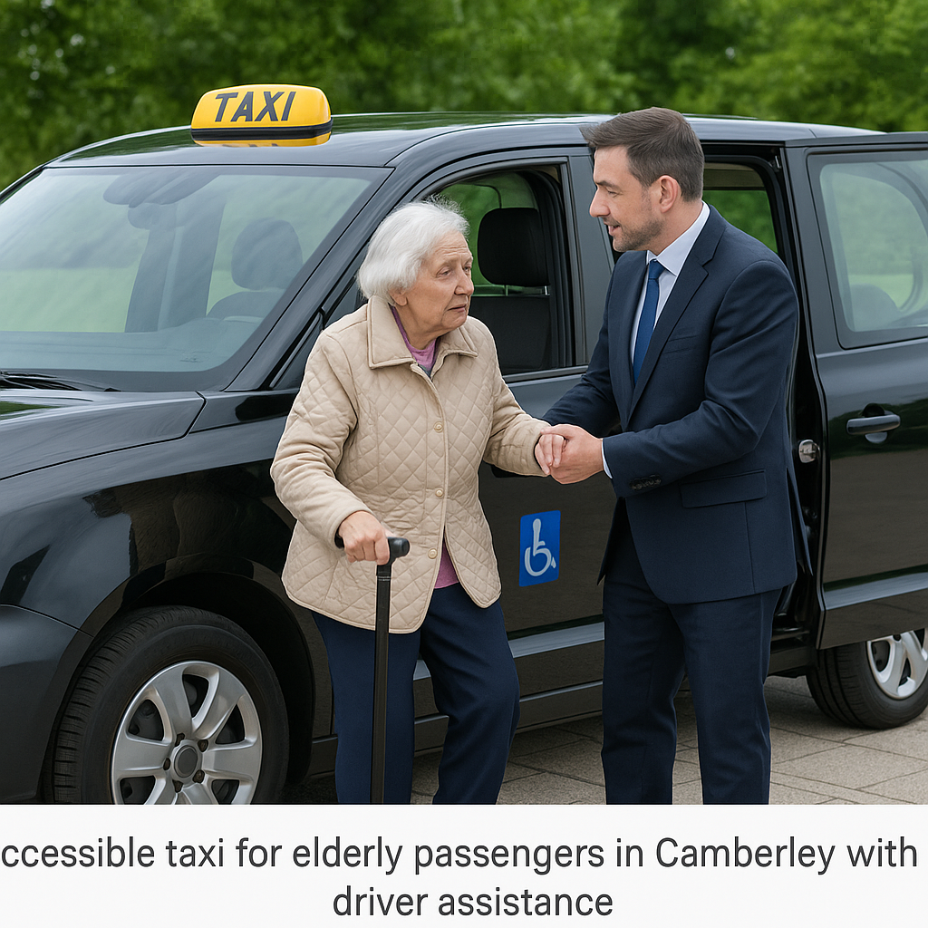 Accessible taxi for elderly passengers in Camberley with driver assistance.