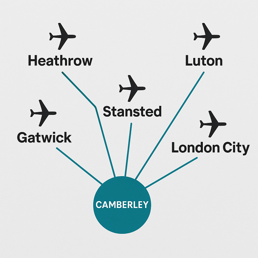 Camberley airport transfers to Heathrow, Gatwick, London City, Luton and Stansted