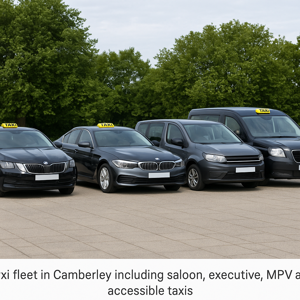Taxi fleet in Camberley including saloon, executive, MPV and accessible taxis.
